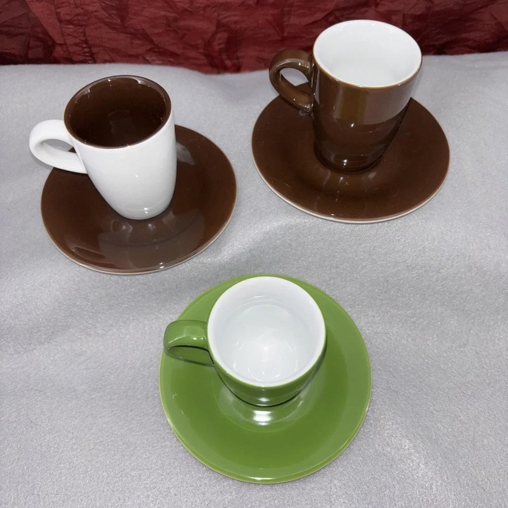 Kahla Germany  Demitasse Espresso Cups & Saucers Brown White Green 3‎ Sets EUC